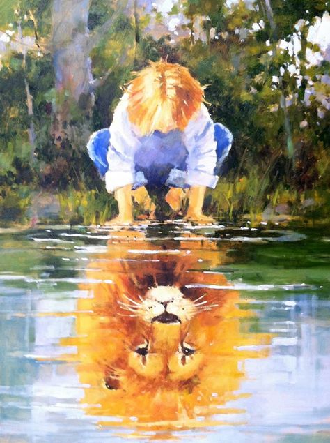 YOUR REFLECTION IN THE LIVING WATER IS CHILD OF GOD.. Prophetic Art, Lion Art, A Lion, Christian Art, 그림 그리기, A Cat, Amazing Art, Painting & Drawing, Beautiful Art