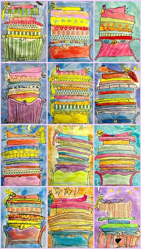 princess and the pea art Princess And The Pea Art, Fairy Tales Unit, Deep Space Sparkle, 2nd Grade Art, 3rd Grade Art, Princess And The Pea, Elementary Art Projects, Homeschool Art, Kindergarten Art