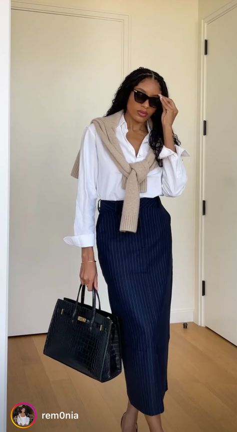 Long Skirt Classy Outfit, Dress With Long Coat, Office Long Skirt Work Outfits, Navy Skirt Work Outfit, Blue Corporate Outfit, Navy Blue Corporate Outfit, Navy Blue Dress Work Outfit, Long Pencil Skirt Outfit Classy, Black Skirt Office Outfit