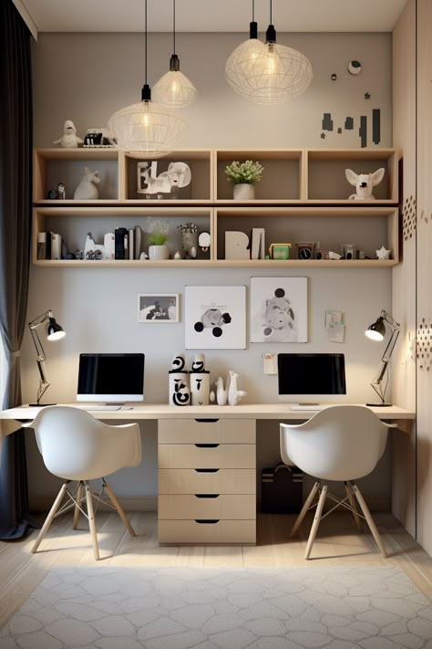 Double Desk Home Office Kids, Double Office Desk Ideas, Double Corner Desk, Office Ideas Two Desks, Double Desk Kids, Desk For Two Kids, Kids Double Desk, Home Office 2 People, Kids Room With Desk