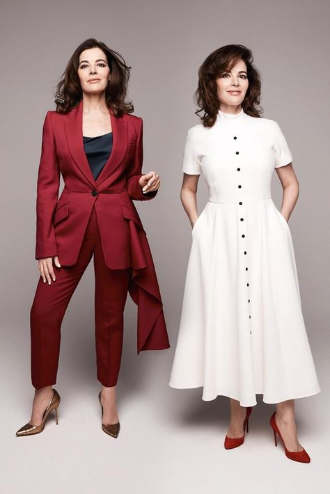 Nigella Lawson models autumn fashion | The Times Magazine | The Times Nigella Lawson Style, Joseph Fashion, Hourglass Body Shape, Pre Fall Fashion, Sara Battaglia, Nigella Lawson, Domestic Goddess, Maroon Sweater, Red Blazer