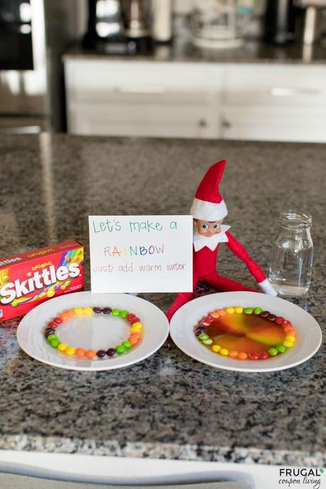 Elf on the Shelf Skittles Rainbow Experiment - Supply list, directions and experiment explanation. Free Elf on the Shelf Printables. #FrugalCouponLiving #ElfontheShelf #ElfontheShelfIdeas #ElfIdeas #funnyelfideas #funnyelfontheshelf #elfprintables #freeelfprintables #printables #freeprintables #experiments #kidsexperiments #experimentsforkids #skittles Elf Ideas With Skittles, Elf Experiment, Elf On The Shelf M&ms, Elf On The Shelf Skittles, Skittles Rainbow Experiment, Skittles Rainbow, Rainbow Experiment, Elf Printables, Elf Ideas Easy