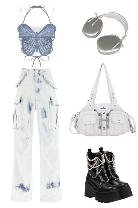 Butterfly Top Outfit Style, Aesthetic Crop Top Outfits With Jeans, Butterflycore Outfit, Butterfly Aesthetic Outfit, Croptop Outfit Ideas, Butterfly Outfit Aesthetic, Aespa Concert Outfit, K Pop Outfit Ideas, Butterfly Top Outfit