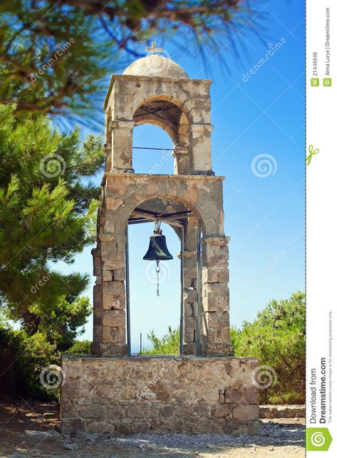 Bell tower near Agios Ioannis church in Kos island, Dodecanese, Greece Minecraft Bell Tower, Cerulean Sea, Labyrinth Garden, Kos Island, Greek Heritage, Villa Project, Architecture School, Tower Garden, Tower Design