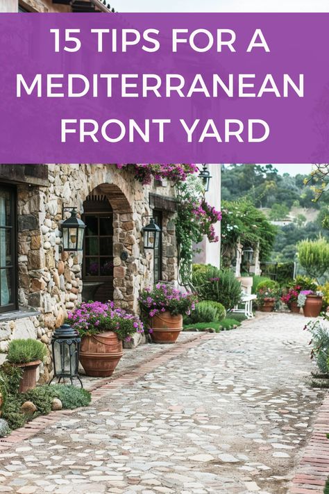 See exactly how to get a Tuscan style front yard with these tips for designing the perfect Mediterranean garden landscape. Tuscany Landscape Tuscan Style, Italian Courtyards Tuscan Style, Tuscan Front Yard Landscaping, Tuscany Style Garden, Italian Style Front Porch, Mediterranean Curb Appeal, Italian Yard Ideas, Mediterranean Shade Garden, Modern Mediterranean Landscape Design