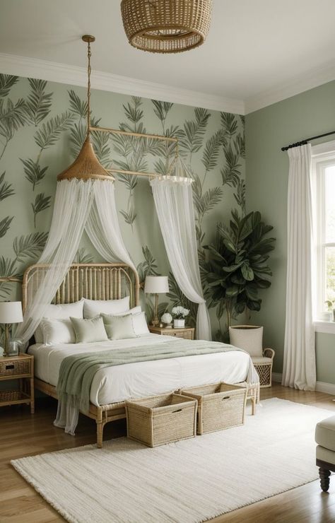 Create an ethereal bedroom aesthetic with touches of green by incorporating a leafy wallpaper or accent wall, complemented by sheer white curtains and soft fairy lights for a dreamy atmosphere. Enhance the ambiance with a rattan hanging chair and potted plants to bring a refreshing natural element into the space. Ethereal Bedroom Aesthetic, White Comforter Bedroom, Ethereal Bedroom, Sheer White Curtains, Fairycore Bedroom, Green Room Ideas Bedroom, Rattan Hanging Chair, Light Green Bedrooms, Green And White Bedroom