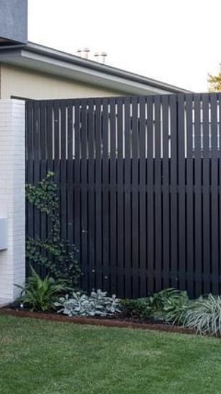 Front Door Privacy Screen, Black Timber Fence, Black Steel Fence, Black Fencing, Slatted Fence Panels, Wood Fence Design, Metal Fence Panels, Black Fence, Timber Battens