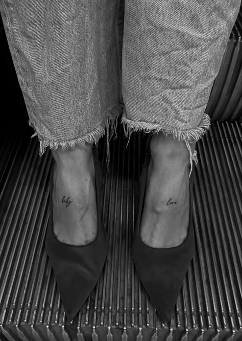 Front Foot Tattoo, Minimal Feet Tattoo, Ankle Word Tattoos For Women, Word Ankle Tattoo, Fine Line Foot Tattoos For Women, Gentle Tattoo, Little Foot Tattoos, Be Where Your Feet Are Tattoo, Small Dragon Tattoos