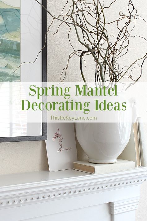 Early Spring Mantel Decorating Ideas - decorate with elements of tall branches, rustic wood, white pottery, green plants and watercolors for spring mantel. #springdecor #springdecorating #springmantel #springmantelwithcurlywillow #decoratingwithplants #springwatercolors Mantel Plants Decorating Ideas, Fireplace Spring Decorating Ideas, Spring Decor Fireplace Mantels, Spring Mantles Ideas, Spring Hearth Decorating Ideas, Spring Mantels Decorated, White Mantel Decorating Ideas, March Decorating Ideas, Spring Mantle Decorating Ideas