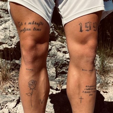 Leg Tattoo Men Writing, Quad Tattoo For Men Words, Simple Above The Knee Tattoo Men, Word Leg Tattoos Men, Small Tattoo Forearm Man, Patch Work Leg Tattoo Men, Thigh Tattoo Men Aesthetic, Tattoo Man Leg, Men’s Thigh Tattoo Ideas