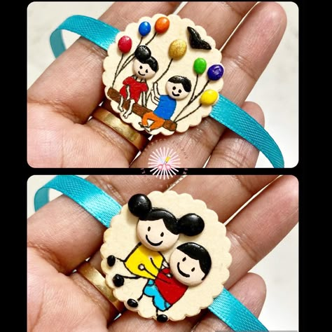 Handmade / Hand painted Rakhi made out of paper , #fevicrylmouldit clay and #acrylicpaints @hobbyideasindia Preserve your rakhi as a fridge magnet 😊 4mm magnet is provided with every rakhi Clay Rakhi Ideas, Handmade Rakhi Designs Paper Crafts, Diy Rakhi For Kids, Handmade Rakhi Designs Diy, Creative Rakhi Making Ideas, Rakhi Competition Ideas, Rakhi Painting, Clay Rakhi Design, Rakhi Craft Ideas