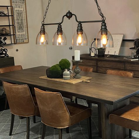 Dark Dining Room, Chandelier Store, Island Chandelier, Farmhouse Kitchen Island, Dining Room Light Fixtures, Rustic Dining Room, Vintage Bulb, Farmhouse Chandelier, Rustic Materials