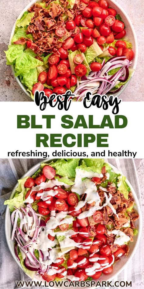 This BLT Salad is like taking apart a BLT sandwich. It's got crispy bacon, fresh lettuce, juicy tomatoes, and croutons, all mixed up with a creamy dressing. It's tasty, refreshing, and good for you. It's like having your favorite sandwich in a bowl! Whether you're having a party or need a quick meal, this BLT salad is sure to be a hit, and you can add whatever you like to make it your own. Healthy Blt Salad, Sandwich In A Bowl, Blt Bagel, Affordable Family Meals, Bagel Salad, Blt Salad Recipe, Low Carb Salad Recipes, Carb Salad Recipes, Good Salads