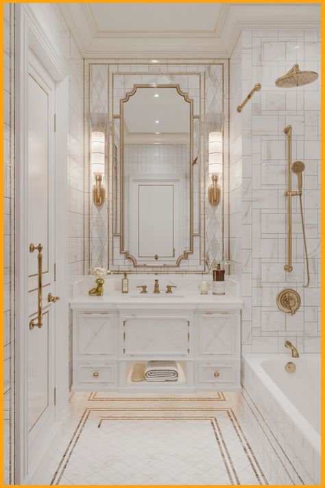 Elegant bathroom with marble tiles, gold fixtures, and a large ornate mirror above a white vanity. Gold And White Bathroom Ideas, White And Gold Powder Room, Gold Wainscoting, Gold And White Bathroom, Opulent Bathroom, White And Gold Bathroom, Gold And White Design, Kitchen Flooring Trends, Kitchen Tile Inspiration