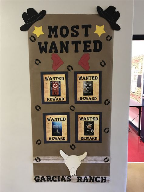 Make a "most wanted" board to post the Bottom Lines for the month Western Day Decorations, Wanted Poster Bulletin Board, Western Theme School Hallway, Country Bulletin Board Ideas, Wild Wild West Theme Party Decor, Wild West Classroom Door Ideas, Western Classroom Theme Bulletin Boards, Wild West Bulletin Board Ideas, Wild West Float Ideas