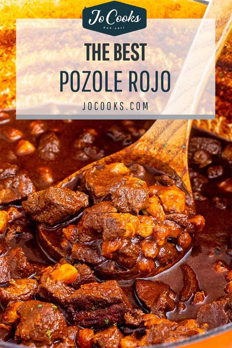 A traditional Mexican Pozole Rojo made with tender pork shoulder and hominy, slowly simmered in the most incredible 3 chile broth, with lots of great Mexican spices and herbs. Serve it with your favorite toppings for the ultimate south of the border dinner. #pozolerojo #recipe Authentic Posole Recipe Pork, Authentic Posole Recipe, Pazole Recipe, Pozole Recipe Pork, Pasole Recipe, Pozole Rojo Recipe, Pork Pozole, Mexican Pozole, Posole Recipe