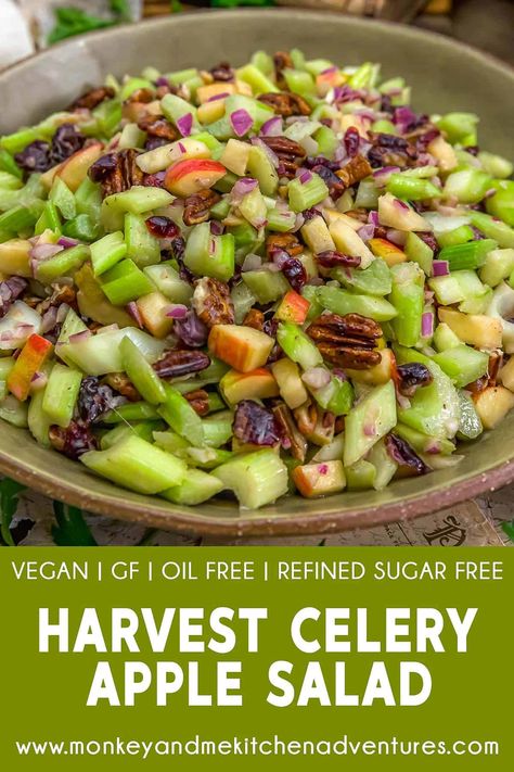 Indulge in the vibrant flavors of autumn with our delightful Harvest Celery Apple Salad, a perfect blend of crunchy celery, crisp apples, and rich pecans that captures the essence of the season. #wholefoodplantbased #vegan #oilfree #glutenfree #plantbased | monkeyandmekitchenadventures.com Apple Celery Salad, Wfpb Salad, Salads Without Lettuce, Apple Coleslaw, Celery Recipes, Parmesan Salad, Healthy Food Prep, Celery Salad, Apple Salad Recipes