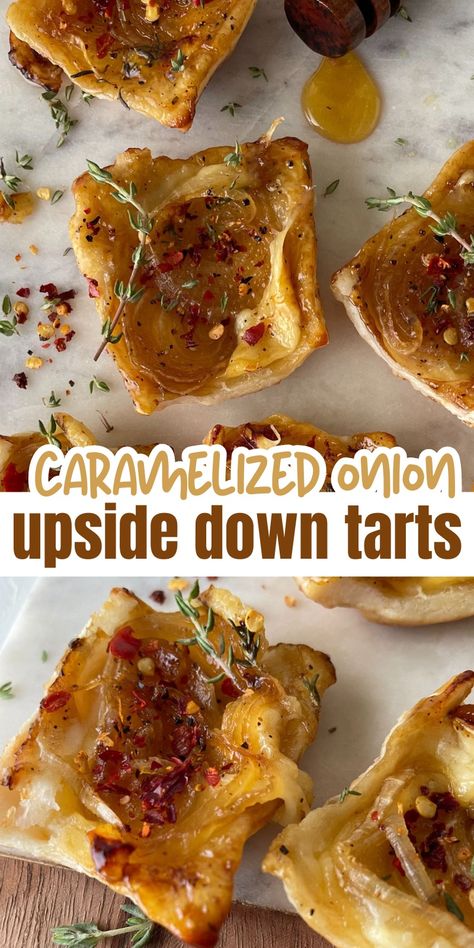 This tried and tested caramelized onion upside down tarts recipe is the TikTok trend that actually works! Unique Side Dishes For Thanksgiving, French Onion Puff Pastry, Onion Caramelized Recipes, Upside Down Onion Tart Puff Pastry, Upside Down Cooking Puff Pastry, Upside Down Puff Pastry Recipes Savory, Upside Down Onion Tart, Upside Down Tart Puff Pastry, Onion Tart Puff Pastry