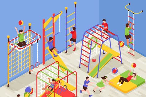 Children sport complex composition with indoor gymnastic area for kids with colourful climbing frames and text vector illustration.   Downloaded archive contains hi-res JPG and vector EPS files.  👉 * Please, note that EPS files not intended to be used with Adobe Photoshop. You must open EPS files in Adobe Illustrator (or similar app) to keep unlimited scalability, layers and transparency effects. If you have any troubles send us a message and we will help! * 👈  Please, give us 5 stars to motiv Playground Background, Complex Composition, Climbing Frames, Kids Gymnastics, Graphic Eyeliner, Isometric Design, Sports Complex, Climbing Frame, Kids Club