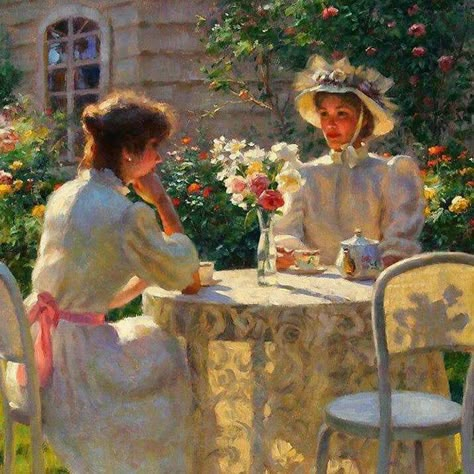 International Tea Day, Outdoor Tea Parties, Tea Day, Morning Rose, Victorian Paintings, Afternoon Snack, Tea Art, Old Paintings, Plein Air Paintings