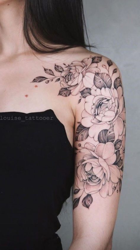 Feminine Shoulder Tattoos, Shoulder Sleeve Tattoos, Arm Sleeve Tattoos For Women, Floral Tattoo Shoulder, Feminine Tattoo Sleeves, Tattoos For Women Flowers, Tattoos For Women Half Sleeve, Flower Tattoo Shoulder, Floral Tattoo Sleeve