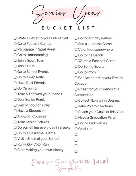 To Do List New Year, Things To Do This Year Bucket Lists, Things To Do In High School Bucket Lists, Senior Year Goals, Bucket List High School, New Year To Do List, New Years Bucket List, Things To Do Before 20, Senior Year Bucket List For Parents