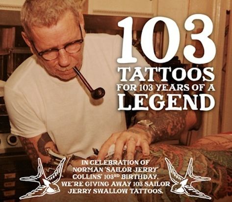 Free tattoo alert! Celebrate Sailor Jerry's birthday with some new ink Sailor Jerry Tattoos Black And White, Sailor Tattoos Vintage, Sailor Jerry Tattoo, Sailor Jerry Swallow, Three Kings Tattoo, Sailor Jerry Rum, Sailor Jerry Flash, Monami Frost, Dragon Tattoo Back Piece