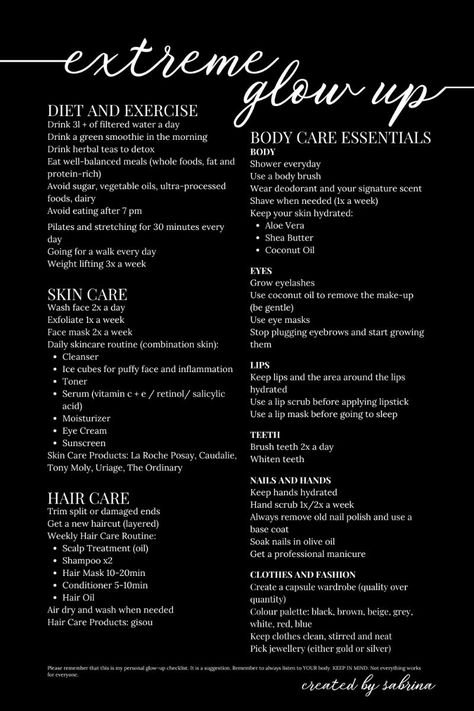 Extreme Glow Up Checklist | Diet Exercise Skin and Hair Care Body Care Essentials Body Care Essentials, Glow Up Checklist, How To Grow Eyelashes, Practicing Self Love, Skin And Hair Care, Diet And Exercise, Diet Exercise, Get My Life Together, Summer Glow