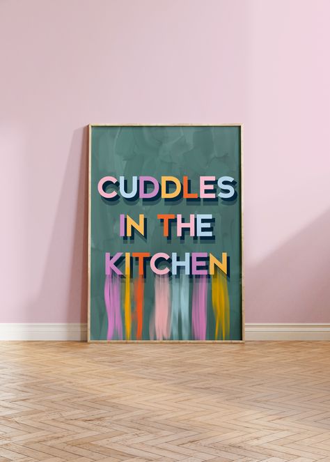 Cuddles in the Kitchen Art Print. Bold, crisp and colourful statement typographic with gouache wasåÊbackground and rainbow melting paint smudges! Perfect for any kitchen to bring personality and fun with this on-trend design! Art print only. Frame not included. Our prints are of the highest quality, printed on Archival 290gsm satin paper, giving the pin-sharpness of gloss without the glare and stickiness in your frame! AllåÊartworkåÊand illustrations are hand-drawn and created in-house. Your pri Cuddles In The Kitchen, Pink Tissue Paper, Nick Nacks, Bathroom Prints, Bedroom Prints, Kitchen Inspo, Kitchen Diner, Kitchen Prints, Apartment Room