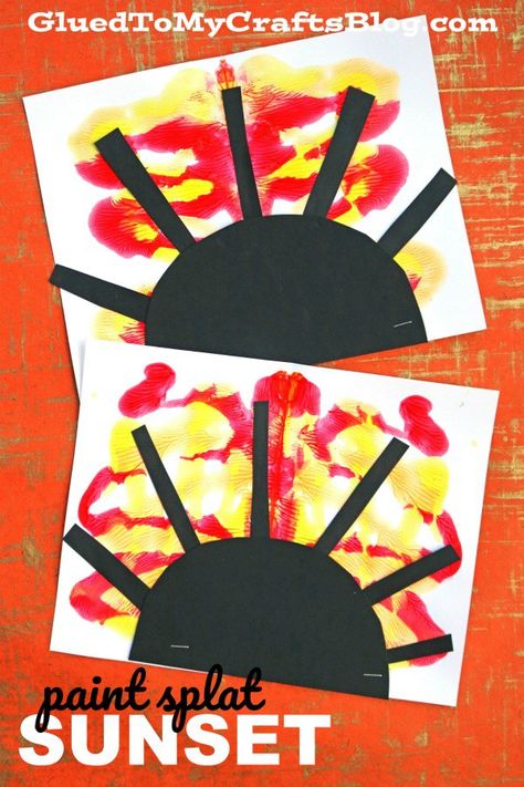 Paint Splat Sunsets - Kid Craft Idea #gluedtomycrafts Sunny Day Art Preschool, Sunset Craft Preschool, Sun Art For Toddlers, Sunset Craft, Splat Art, January Weather, Weather Activities Preschool, Montessori Work, Space Preschool