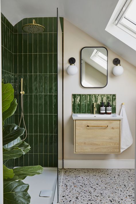 Terrazzo Bathroom, Green Tile Bathroom, Space Saving Bathroom, Loft Bathroom, Compact Bathroom, Attic Bathroom, Terrazzo Flooring, Bathroom Goals, Bathroom Top