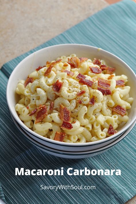 A simple, creamy pasta dish, Macaroni Carbonara will satisfy your comfort food cravings as well as your need for fancy-shmancy food that’s typically only served at restaurants.  #savorywithsoul #pastacarbonara #carbonarapasta #macaronirecipes #pastarecipes #pastadishes #carbonararecipe #carbonarapastaeasy #comfortfood Pasta Carbonara Easy, Simple Creamy Pasta, Macaroni Carbonara, Creamy Chicken And Bacon Pasta, Creamy Chicken And Bacon, Chicken And Bacon Pasta, Carbonara Recept, Bacon Pasta Bake, Pasta Carbonara Recipe