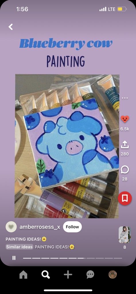 Aesthetic Cow Painting, Blueberry Cow Painting, Cute Cow Paintings On Canvas, Blueberry Cow Drawing, Blueberry Cow, Cow Paintings On Canvas, Post It Art, Cow Drawing, Paint Inspo