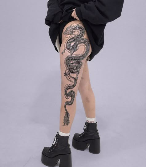 Chinese Dragon Leg Tattoo For Women, Full Leg Snake Tattoos Women, Full Leg Dragon Tattoos Women, Dragon Tattoo Leg Woman, Good Thigh Tattoos, Dragon Tattoo On Leg Women, Vertical Dragon Tattoo, Full Leg Snake Tattoo, Wrap Around Snake Tattoo Leg