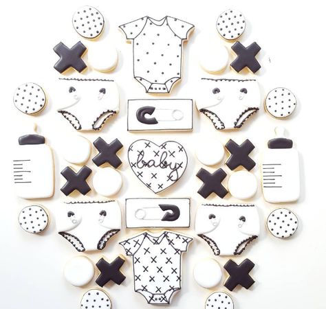 Monochrome Baby Shower Ideas, Black And White Baby Shower Ideas, Baby Shower Desserts Boy, Cookies Heart, Cookies Design, Baby Shower Themes Neutral, Ideas For Baby Shower, Monochrome Baby, Baby Shower Souvenirs