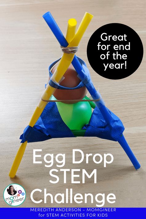 STEM Challenge to try at the end of the school year! It's an Egg Drop Challenge. Check this blog post for the details and more challenge ideas. Egg Drop Ideas For School That Work, Diy Egg Drop Project, Stem Egg Drop Challenge, Egg Drop Science Project, Egg Drop Challenge For Kids, Egg Drop Project Ideas That Work, Egg Drop With Straws, Successful Egg Drop Project Ideas, Egg Drop Challenge Ideas