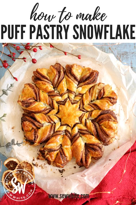 This Nutella Puff Pastry Snowflake is a beautiful and absolutely delicious show-stopper of a Christmas puff pastry dessert. It is so easy to make and as it's a 2 ingredient Nutella puff pastry dessert it makes an affordable way to feed family and friends at a Christmas party. Puff Pastry Snowflake, Christmas Puff Pastry, Snowflake Recipes, Easy Puff Pastry Desserts, Puff Pastry Dessert, Nutella Puff Pastry, Puff Pastry Desserts, Autumn Food, Nutella Desserts