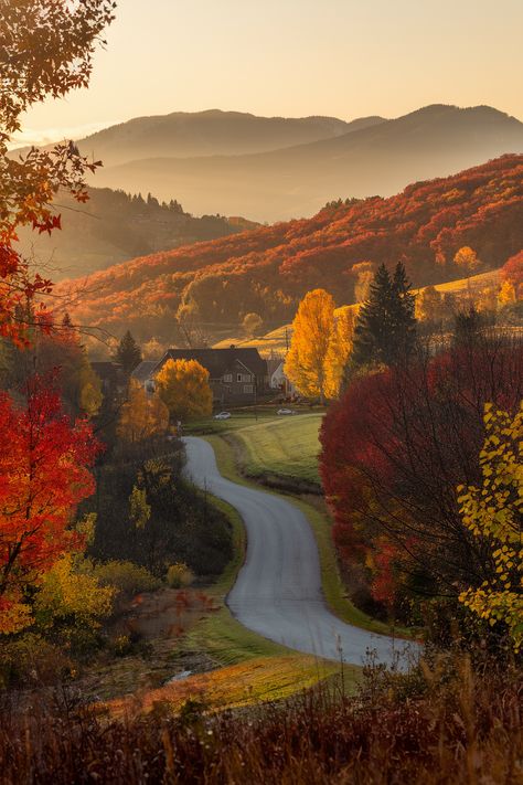 A stunning autumn landscape featuring a winding country road surrounded by rolling hills covered in vibrant red, orange, and yellow foliage. The scenic view captures the essence of fall in a small rural town, with cozy houses nestled among colorful trees and a serene, misty mountain range in the background. The perfect setting for a peaceful autumn getaway New England Fall Aesthetic, Vermont In Fall, Fall In Maine, Autumn England, New England Foliage, Vermont In The Fall, Vermont Landscape, New England In The Fall, Mood Broad