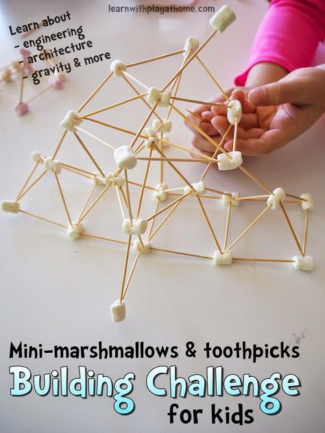 Learn with Play at Home: Mini-marshmallow and toothpick building challenge for kids Building Challenge, Invitation To Play, E Mc2, Stem Challenges, Stem Projects, Play Based Learning, Motor Activities, Mini Marshmallows, Stem Activities