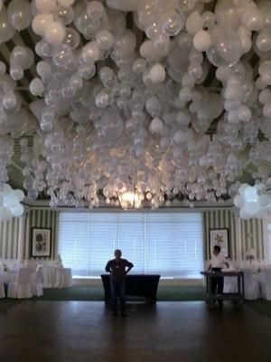 A fabulous ceiling decor for your wedding reception. Although not the cheapest one, as you need a ton of balloons and lots of helium. White Balloons, E Card, Here Comes The Bride, Pom Poms, Upside Down, Future Wedding, Party Time, Party Planning, Getting Married