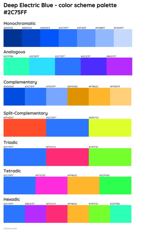 Deep Electric Blue color palettes and color scheme combinations Electric Blue Color Combination, Electric Blue Colour Palette, Electric Blue Palette, Electric Blue Pantone, Electric Blue Color Palette, Blue Complementary Color, Blue Tarantula, Blue Color Palettes, Electric Blue Color