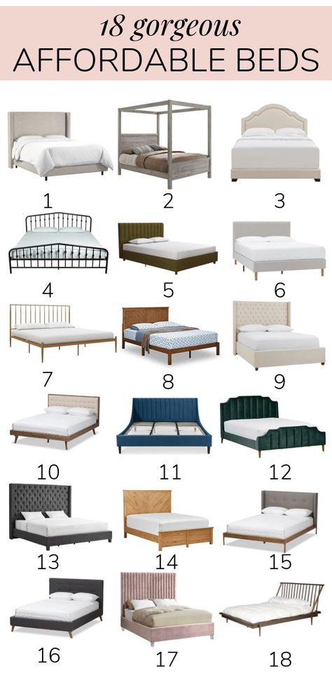 Beautiful affordable beds in every style! If you're looking for a cheap bed frame, this post will have one you'll love! Cute Cheap Bed Frames, Wood And Upholstered Bed Frame, King Bed Frame Cheap, Cheap Cute Bed Frames, Modern Boho Bed Frame, Best King Bed Frame, Affordable Queen Bed Frame, Best Bed Frames King, Simple Queen Bed Frame