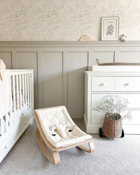 Nursery With White Wainscoting, Wallpaper And Panelling Nursery, Wall Paneling Ideas Nursery, Paneled Walls Nursery, Board Batten Nursery, Nursery Wood Paneling, Waynes Coating Nursery Ideas, Nursery With Board And Batten Wall, Nursery Ideas With Wallpaper