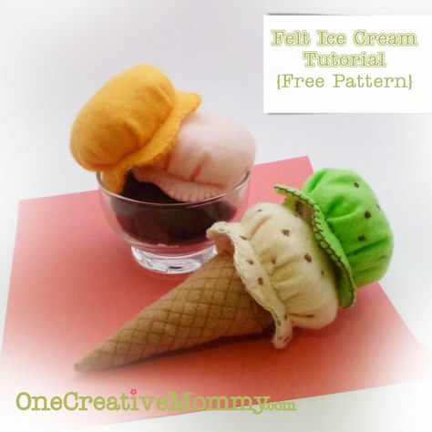 Felt Ice Cream Tutorial and Free Pattern {OneCreativeMommy.com}. This will work out great for my Taco Crapping Ice Cream Halloween Costume!! Ice Cream Tutorial, Felt Food Patterns Free, Felt Ice Cream, Play Ice Cream, Felt Food Diy, Felt Food Patterns, Hantverk Diy, Ice Cream Set, Felt Crafts Patterns