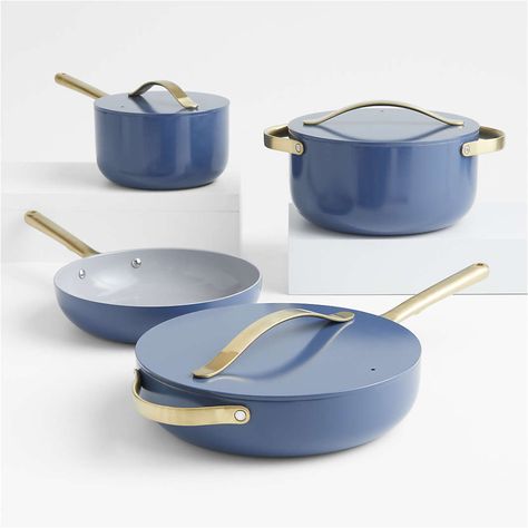 Caraway Pots & Pans: Ceramic Cookware Sets 2022 | Crate & Barrel Inside Kitchen Cabinets, Wine Cooler Fridge, Ceramic Cookware Set, Aluminum Pans, Ceramic Cookware, Silicon Utensils, Fry Pan, Pink Ceramic, Cookware Sets