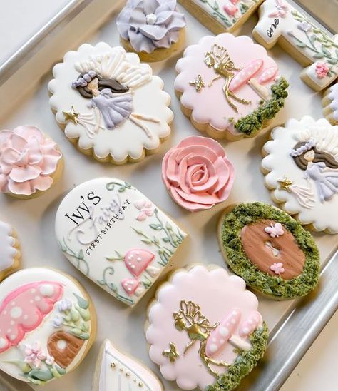 Fairy Birthday Party Cookies, Fairy Birthday Cookies Decorated, Fairy Cakesicles, Enchanted Forest First Birthday Girl, Fairy Sugar Cookies Decorated, Fairy Theme Cookies, Fairy Birthday Cupcakes, Fairy First Birthday Cupcakes, Fairy Birthday Cookies