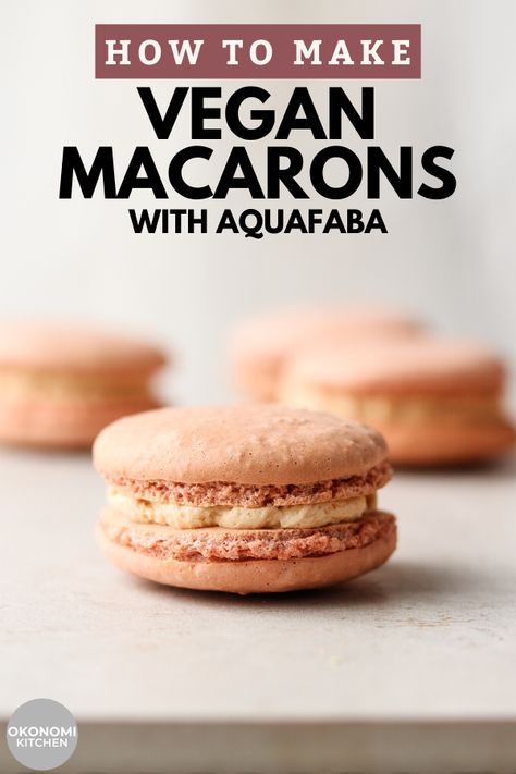 Learn how to make Vegan Macarons using Aquafaba (Chickpea water). These macarons will blow your mind. Perfectly smooth and crisp cookie shells filled with a creamy dairy free cashew buttercream.  #veganrecipes #glutenfreerecipes #macarons #veganmacarons #egglessrecipes #cashewrecipes #aquafaba #aquafabarecipes Vegan Macarons Recipe, Vegan Aquafaba Recipes, Aquafaba Recipes Desserts, Aquafaba Desserts Vegan, Vegan French Desserts, Aquafaba Desserts, Aquafaba Macarons, Aquafaba Cookies, Gourmet Vegan Recipes