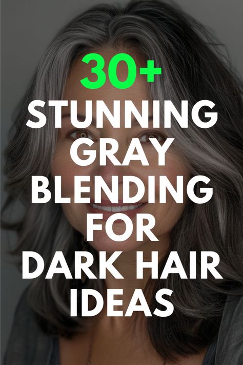 Woman with gray blending hairstyle on dark hair with text "30+ Stunning Gray Blending For Dark Hair Ideas." Going From Dark To Light Hair Stages, Dark Brown Hair Grey Blending, Black And Gray Hair Color Ideas, Dark Brown Hair With Gray Highlights, Silver Hair Highlights Brown Brunettes, Brown Hair With Silver Balayage, Transition To Gray Hair From Dark Brown, How To Go Grey With Dark Hair, Gray Blending Hair Highlights