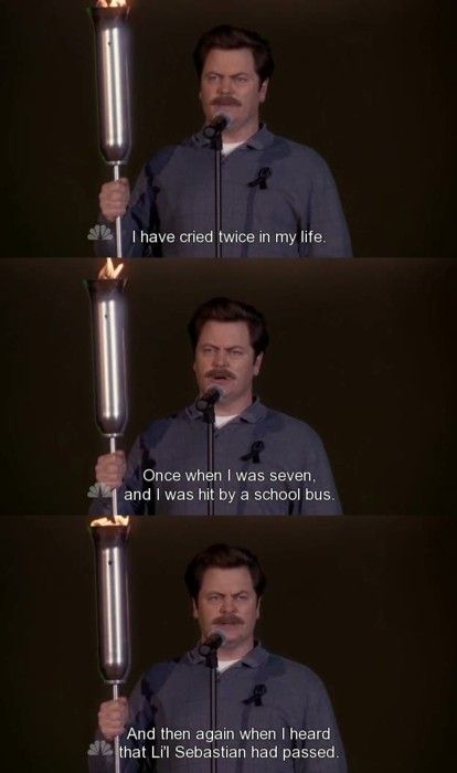 Ron Swanson - a softie for Lil Sebastian. Lil Sebastian Parks And Recreation, Sebastian And Ominous, Parks And Rec Quotes, Half Mast, Lil Sebastian, Parks And Recs, Parks And Rec Memes, Nick Offerman, Leslie Knope