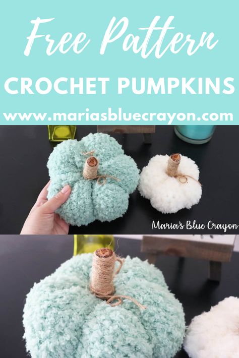 Crochet these pumpkins using fuzzy yarn easily. Attach stems on top using a stick and twine. Free pattern on Maria's Blue Crayon blog. #crochet #pumpkin #pumpkins #easy #tutorial #stem #big #small #amigurumi Crochet Fall Decor, Animal Knitting, Crochet Pumpkins, Blue Crayon, Fall Crochet Patterns, Fall Crochet, Crochet Halloween, Halloween Crochet Patterns, Crochet Food